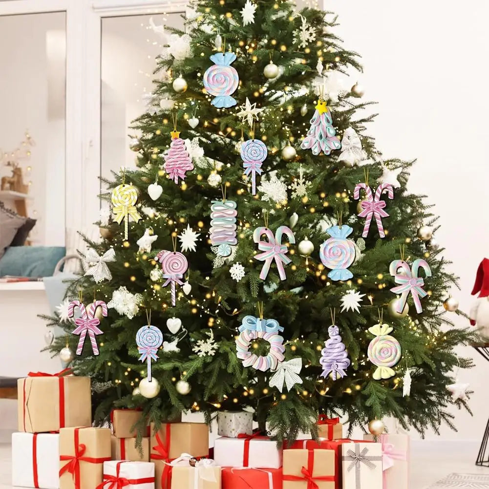 Wooden Pastel Candy Christmas Ornaments Set – 12/24/36 Pcs
