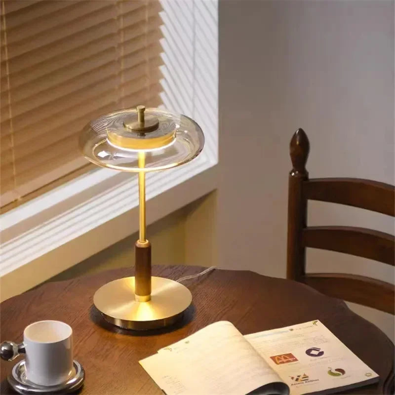 Vintage Mushroom Table Lamp – Walnut Brass Gold LED Bedside Light