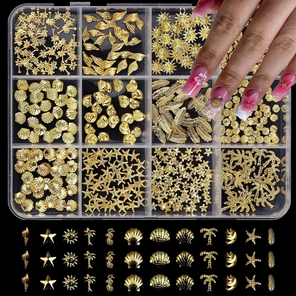 3D Ocean Metal Nail Art Studs – 12 Shapes Gold & Silver Charms