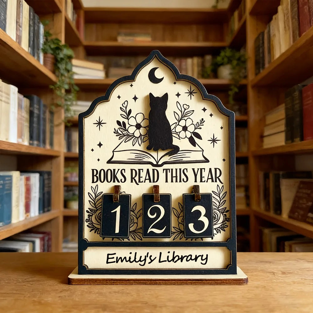 Wooden Cat Books Read Tracker Sign – Reading Counter for Book Lovers
