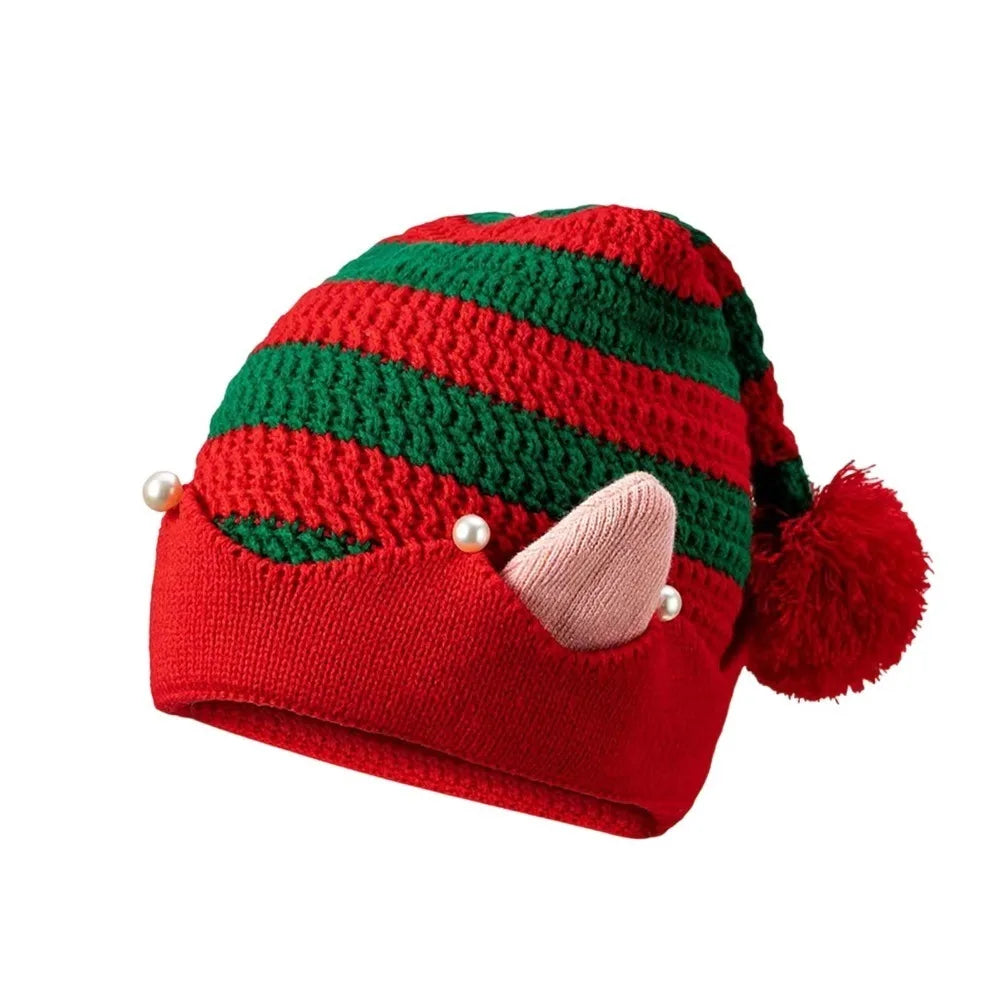 Knitted Christmas Elf Hat – Striped Jacquard Cap with Pom-Pom