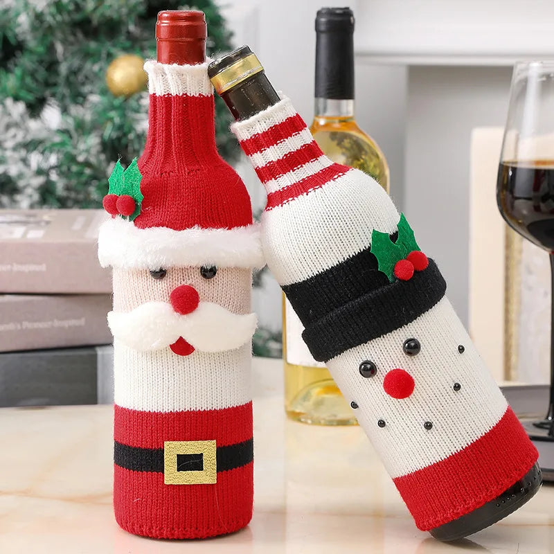Christmas Santa Knitted Wine Bottle Cover | Holiday Sleeve
