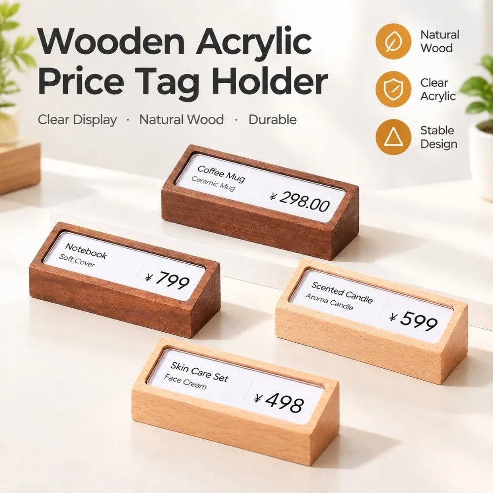 Wooden Price Tag Holder – Beech & Walnut Desk Label Stand