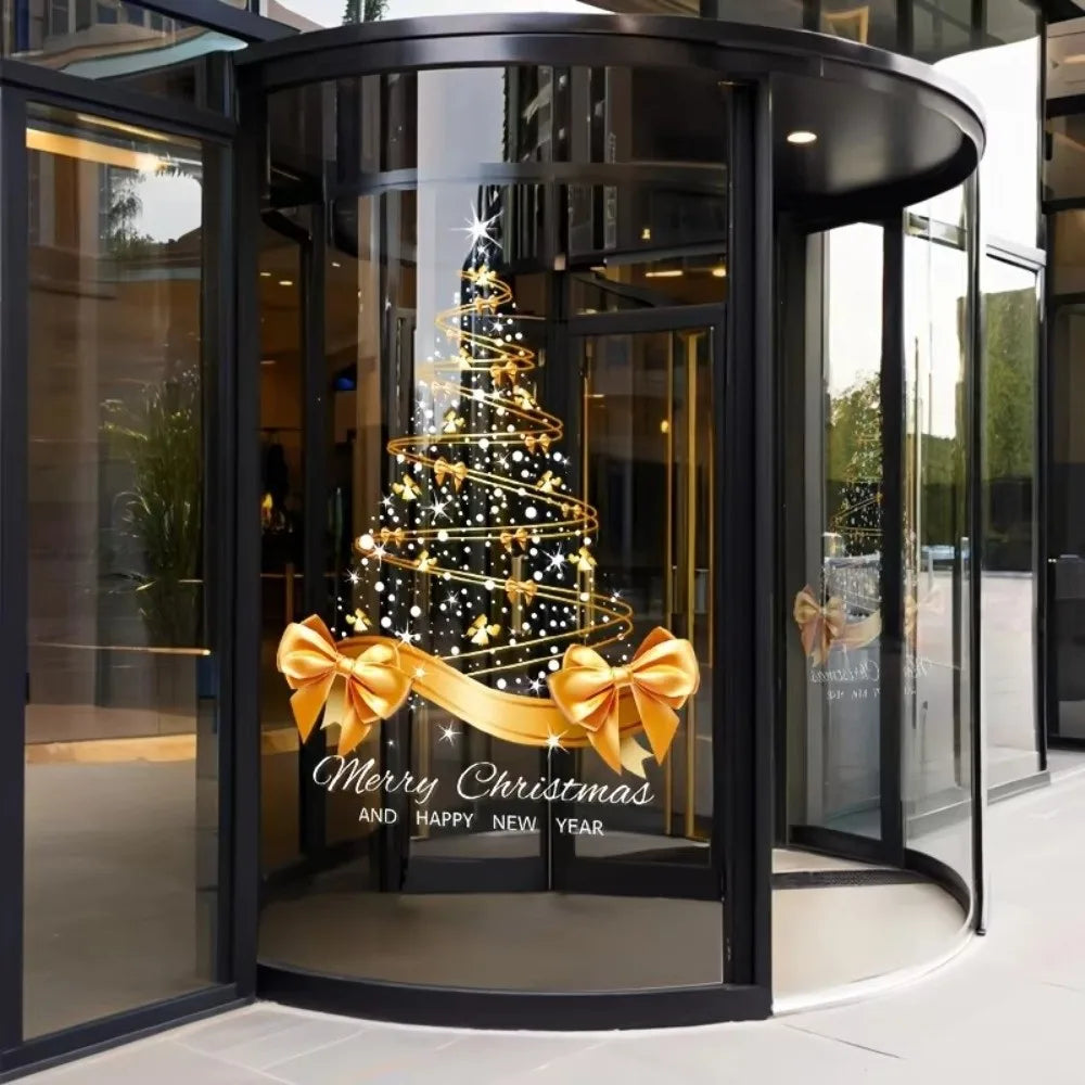 Golden Christmas Tree Window Decals – PVC Self-Adhesive Clings