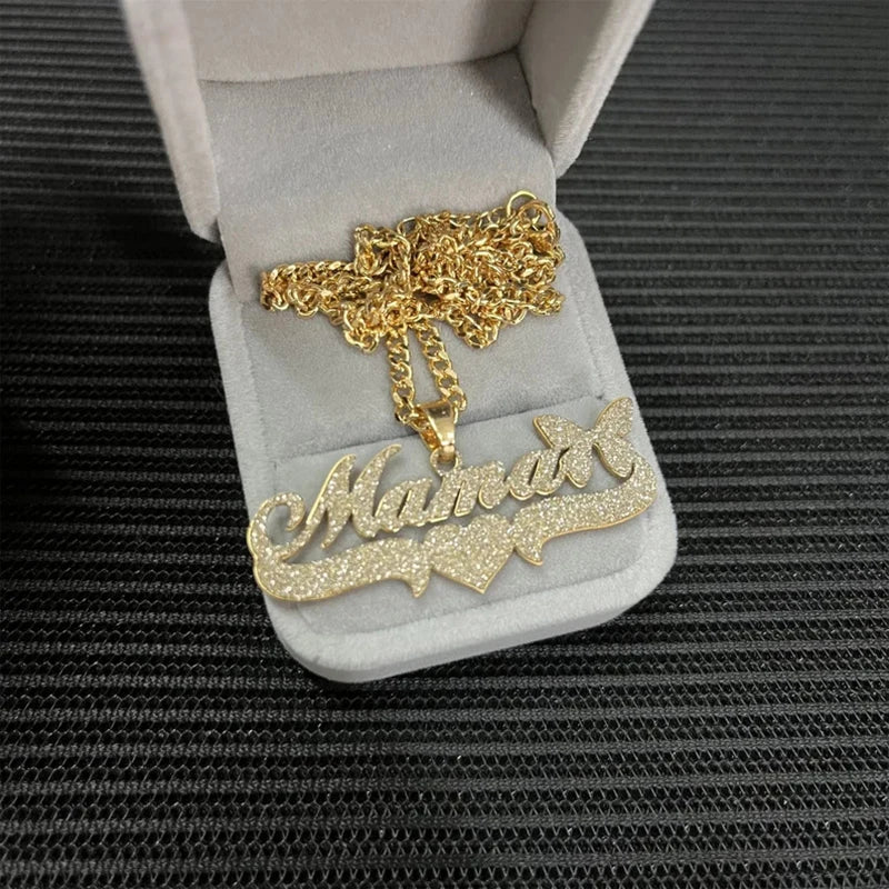 Custom Name Necklace – 18K Gold Cuban Chain & Butterfly Pendant