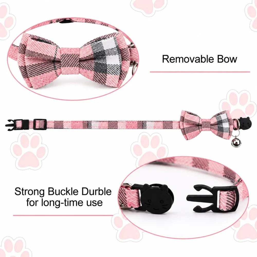Plaid Cat Collar – Adjustable Breakaway Bowknot with Bell