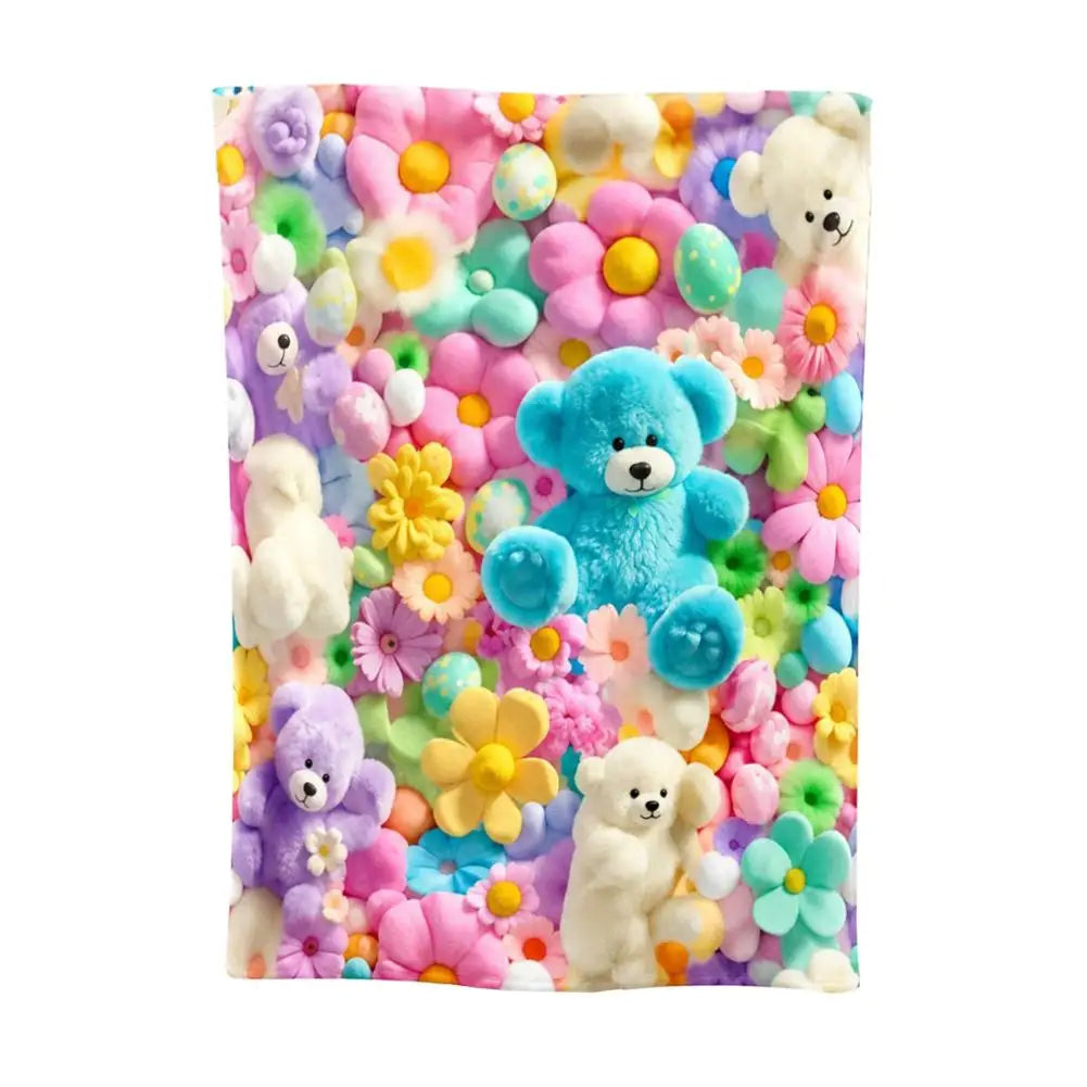 Teddy Bear Floral Flannel Blanket – Soft Kids Nap Throw