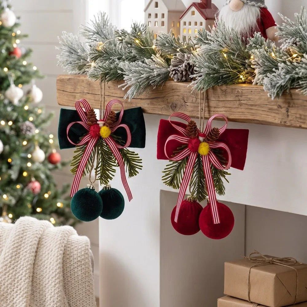 Velvet Christmas Bow Ornament – Wine Red Pine Needle Accent