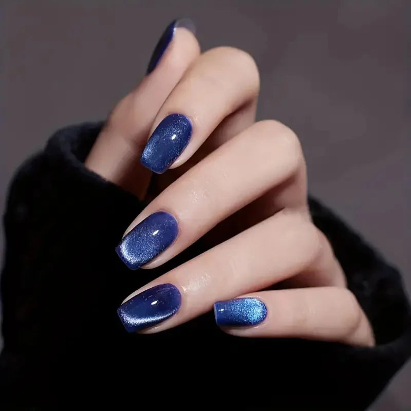 24pcs Short Square Press On Nails – Cat Eye Glitter Ballet Tips