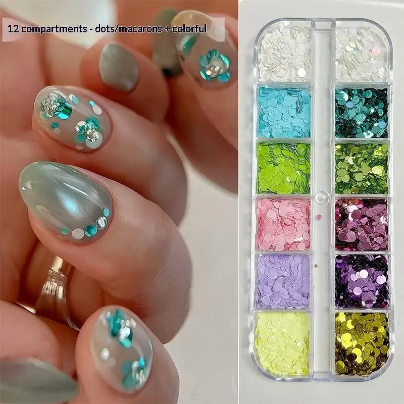 12-Grid Nail Glitter Set – Circular & Flower Sequins for DIY