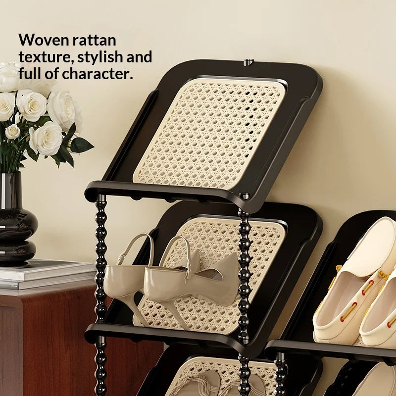 Vintage Rattan Multi-Tier Shoe Rack Entryway Organizer