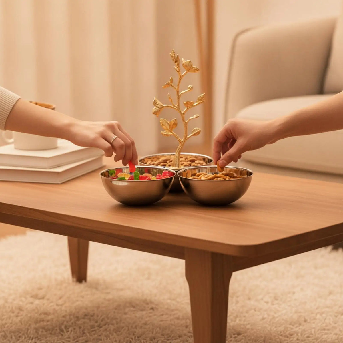 Stainless Steel 3-Bowl Fruit Tray | Gold Branch Centerpiece