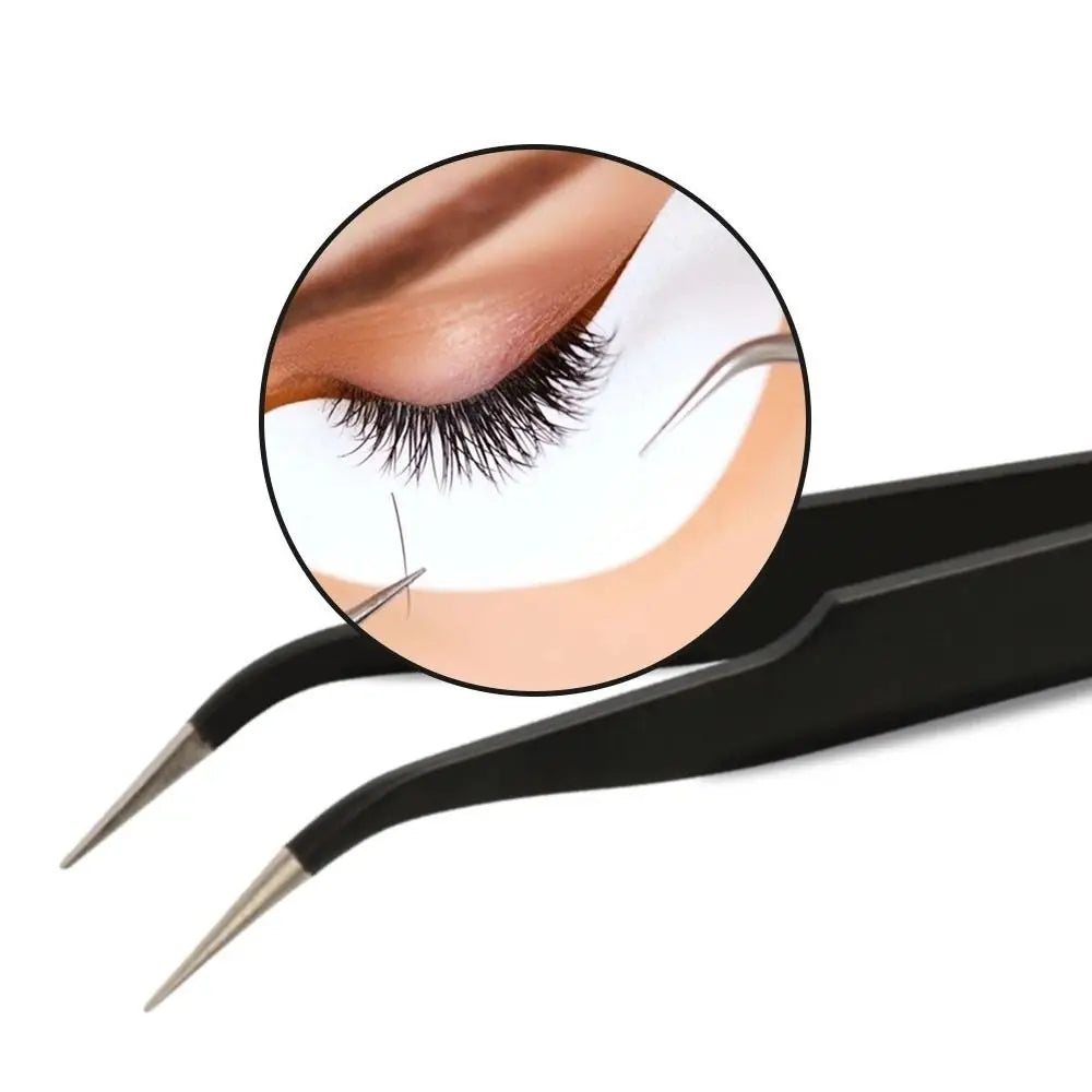 Stainless Steel Eyelash Tweezers – Curved & Straight Black Applicator