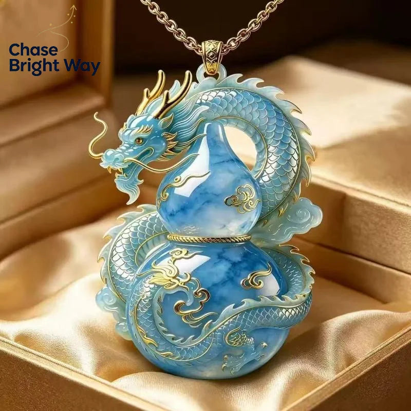 Blue Jade Gourd Dragon Pendant Necklace | Oriental Lucky Charm
