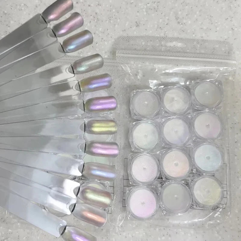 12-Color Aurora Chrome Nail Mirror Powder – Shimmer Pigment Set