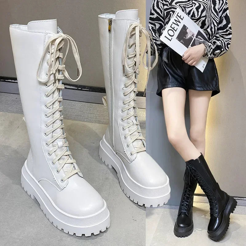 Women's Punk Platform Motorcycle Boots – Lace-Up Square Heel