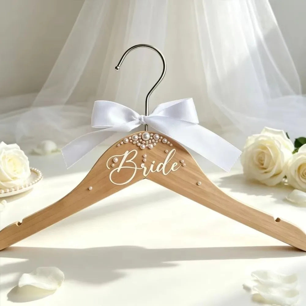 Wooden Bridal Hanger – Faux Pearl Butterfly Knot & Ribbon