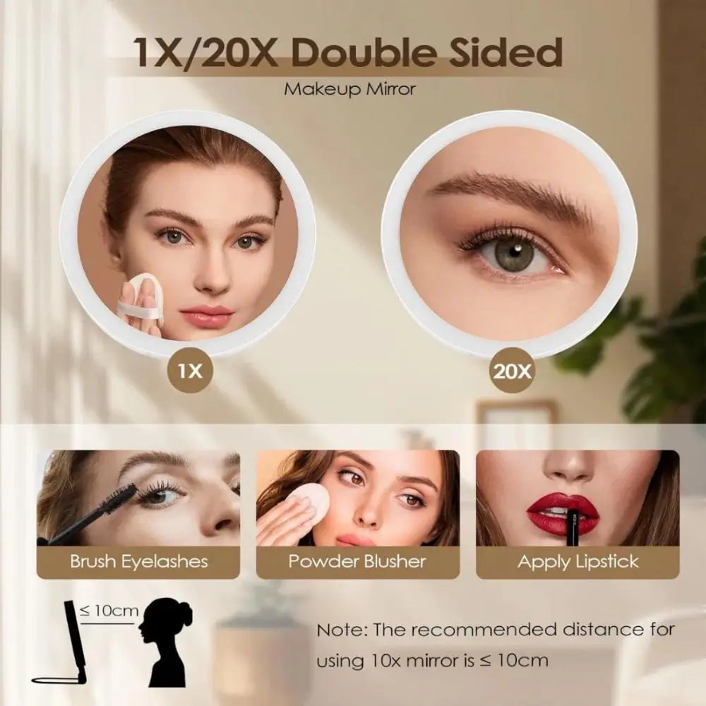 LED Magnifying Makeup Mirror 10X/20X – 3 Color Modes, Foldable