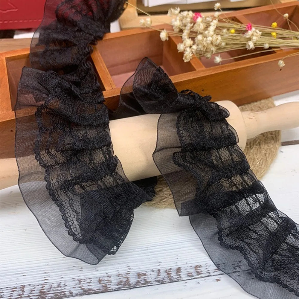 5cm Double-Layer Pleated Lace Trim – White & Black Ruffle Sewing