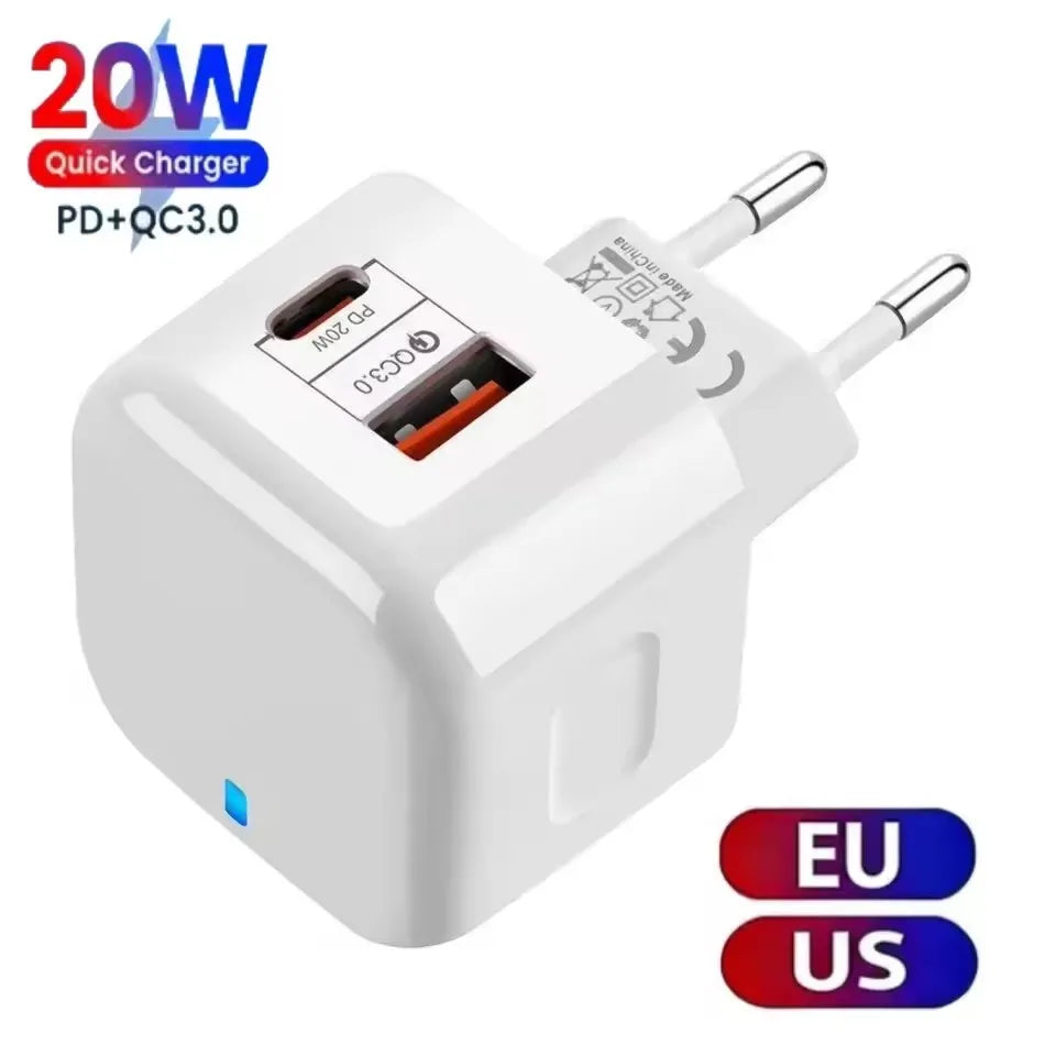 20W Dual Port USB-C PD Fast Wall Charger – EU/US/UK Plug