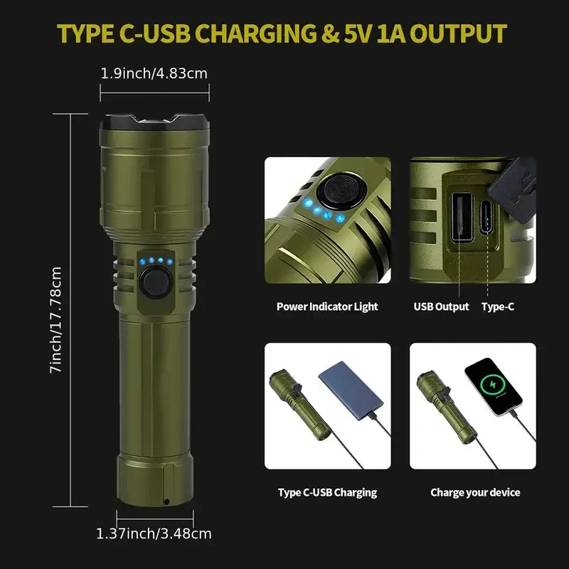 Tactical Zoomable LED Flashlight 1200LM IPX7 Type-C Rechargeable