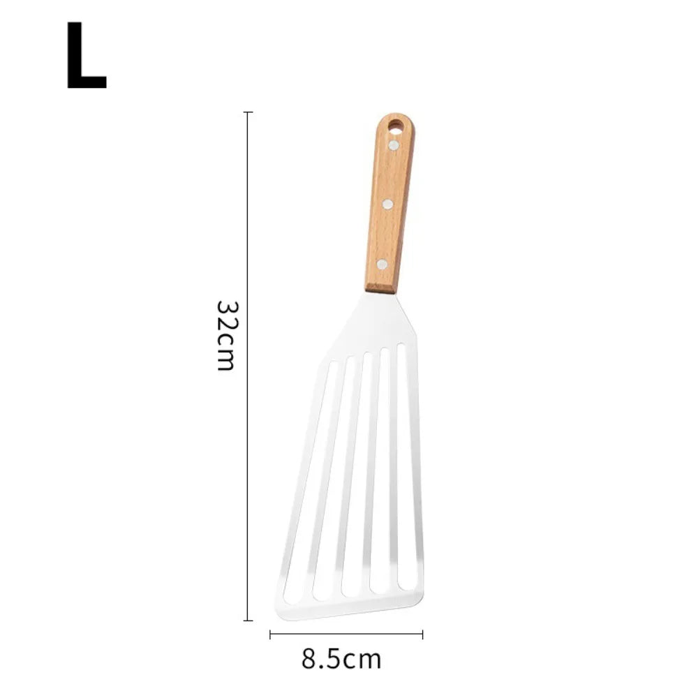 Stainless Steel Slotted Fish Spatula – Wooden Handle BBQ Turner