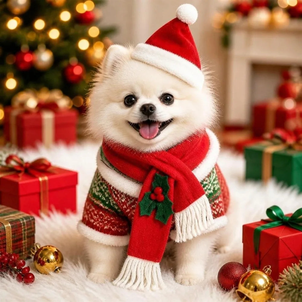 Christmas Dog & Cat Scarf Hat Set – 2-Pc Winter Pet Neck Warmer
