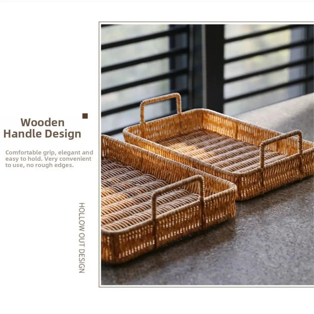 Wicker-Woven Plastic Serving Tray with Handles | M & L Sizes