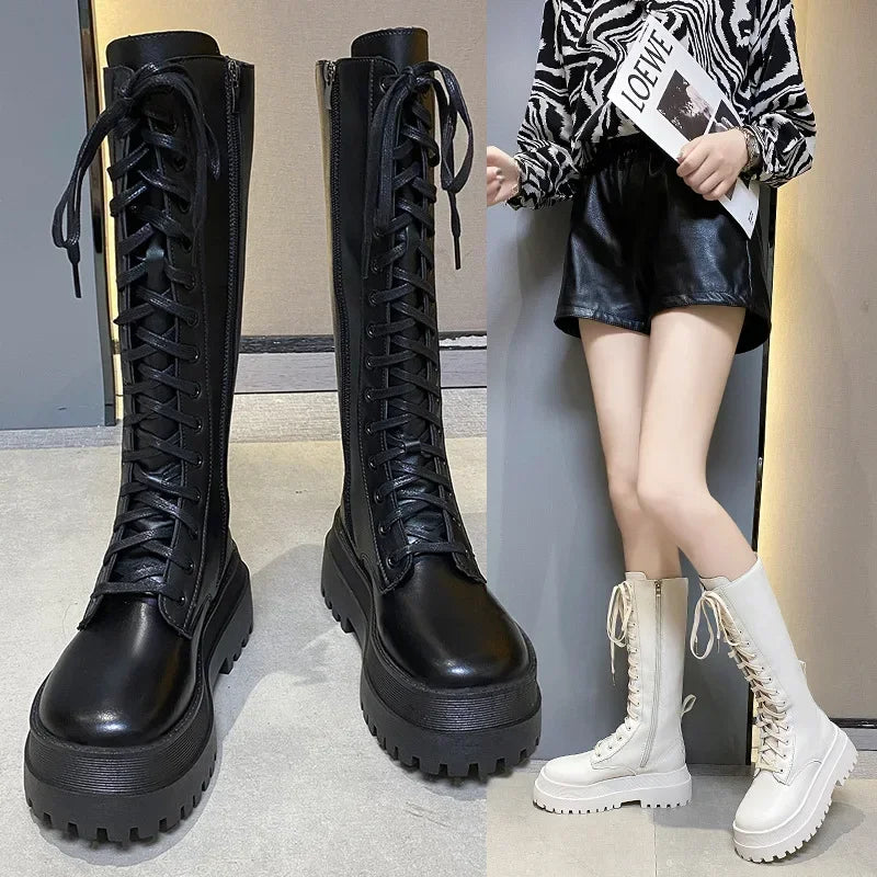 Women's Punk Platform Motorcycle Boots – Lace-Up Square Heel
