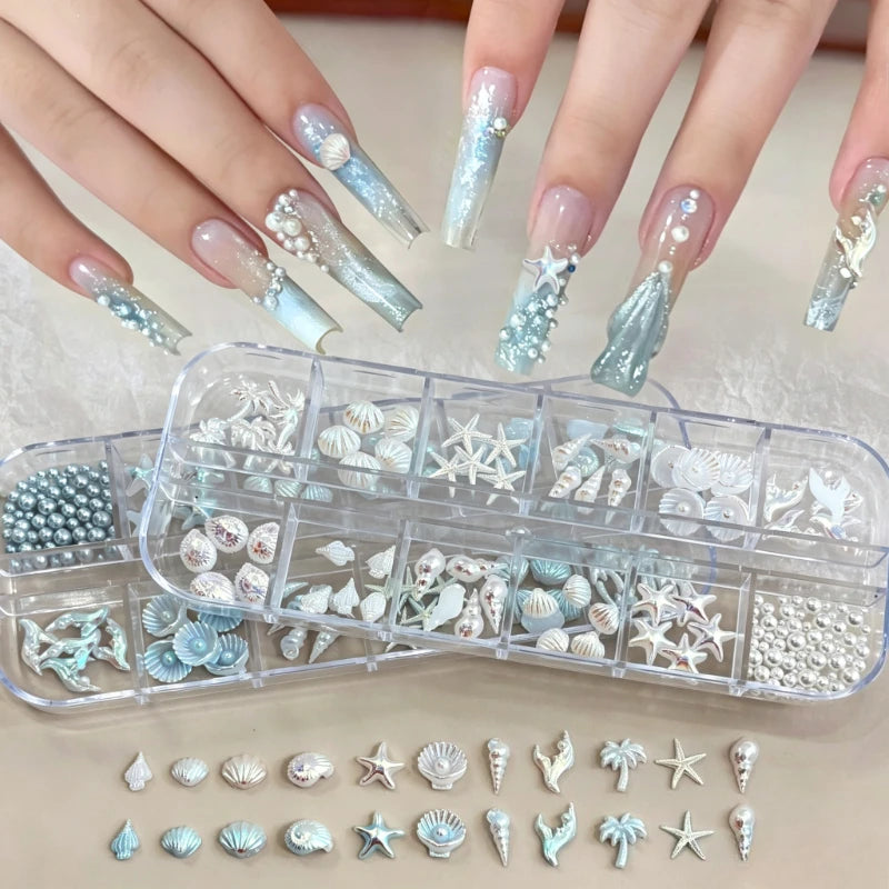 12-Grid Ocean Nail Charms – Starfish Shell Rhinestone Set