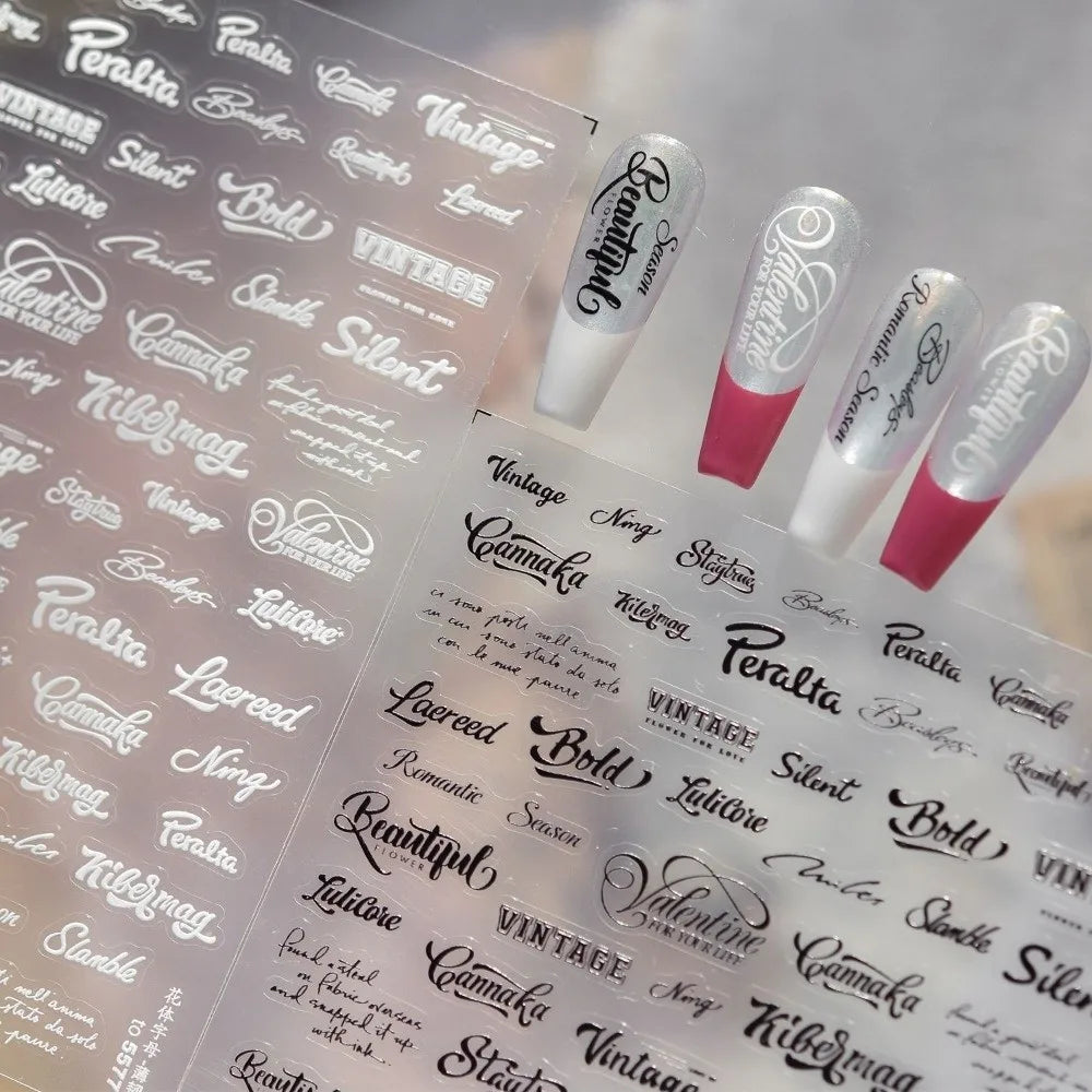 3D Embossed Letter Nail Stickers – Black & White Art Decals