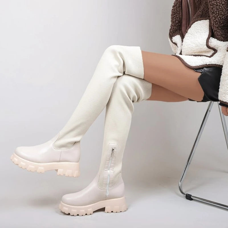 LEDP Women's Over-The-Knee Stretch Platform Sock Boots