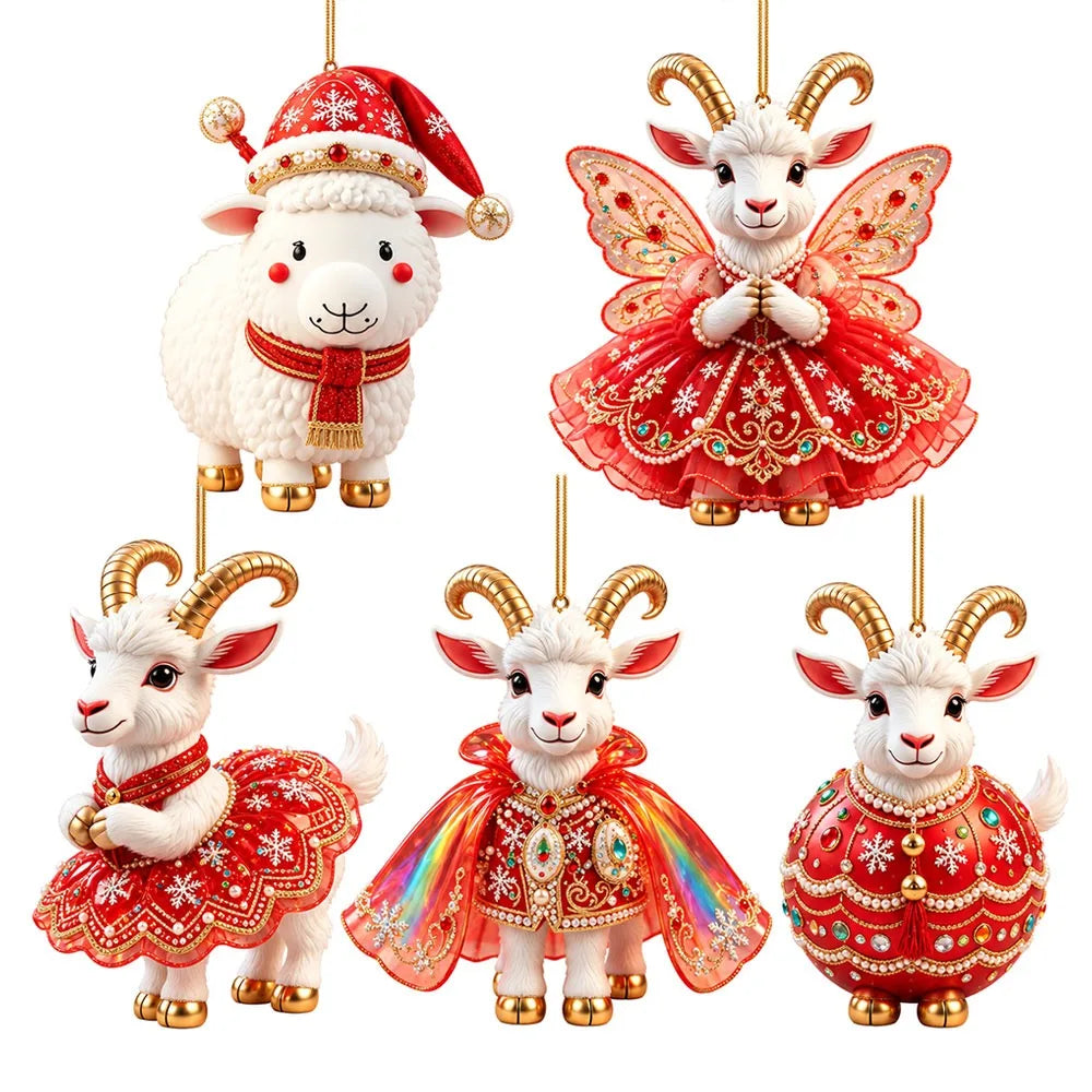Rhinestone Goat Christmas Ornaments 5-Pack – Acrylic Hanging