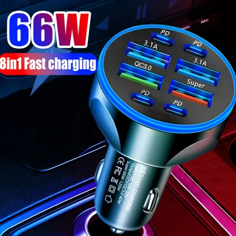 8-in-1 66W Car Charger 4USB+4PD Fast Charging Digital Display