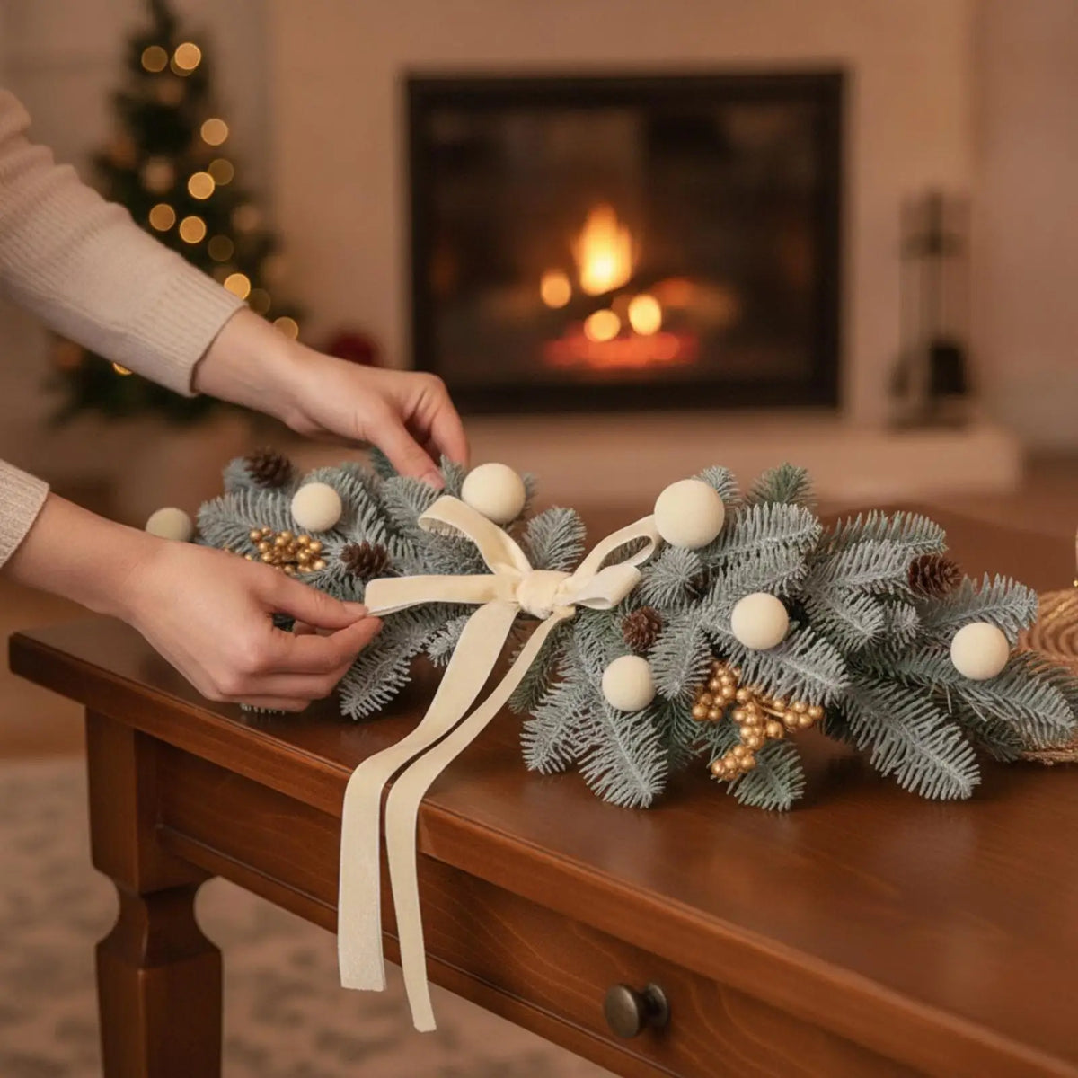 Christmas Wall Swag – Red Velvet Fir Garland with Ornaments
