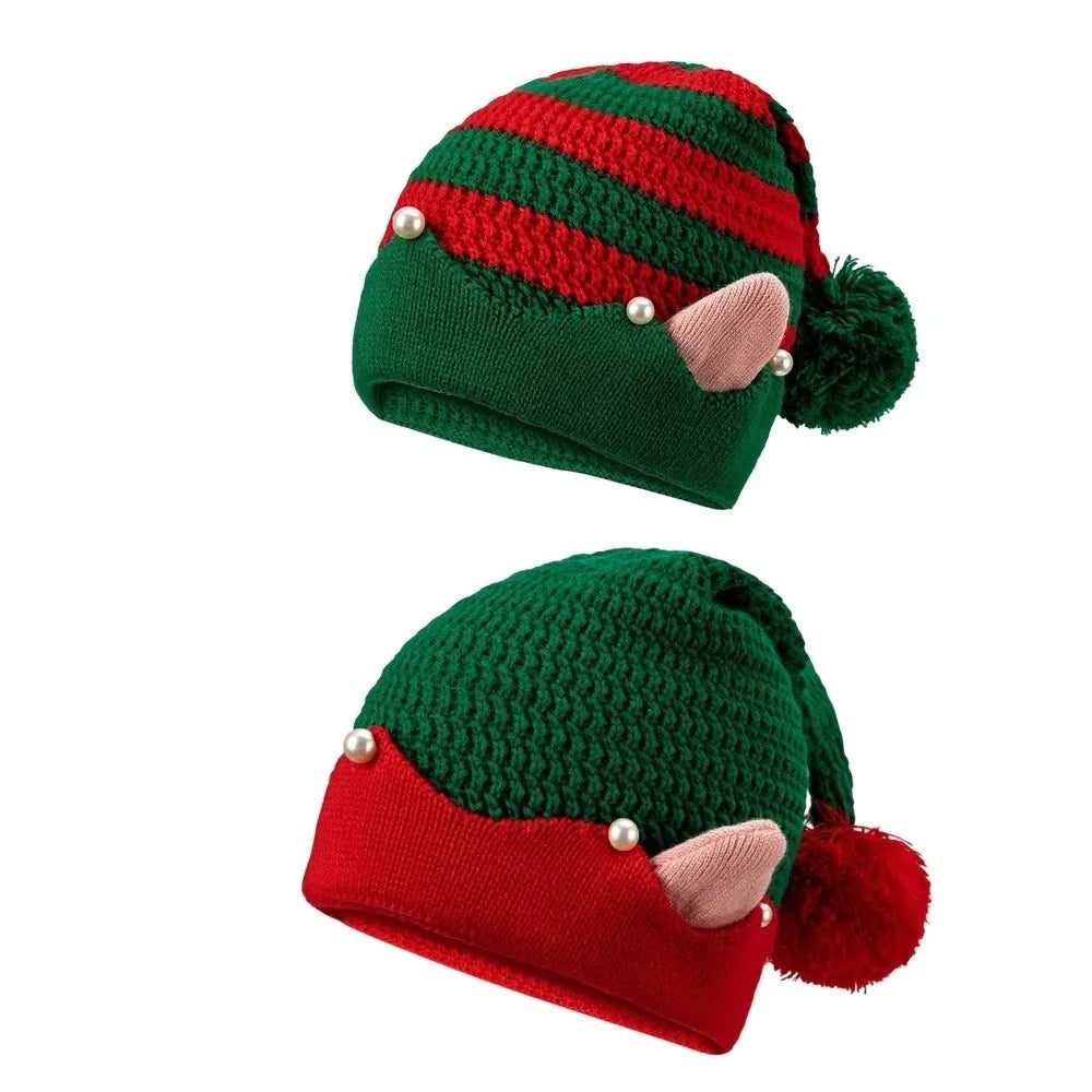 Knitted Christmas Elf Hat – Striped Jacquard Cap with Pom-Pom