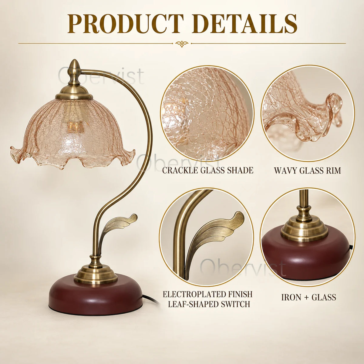 Vintage Crackle Glass Table Lamp | Antique Brass E27 Bedside