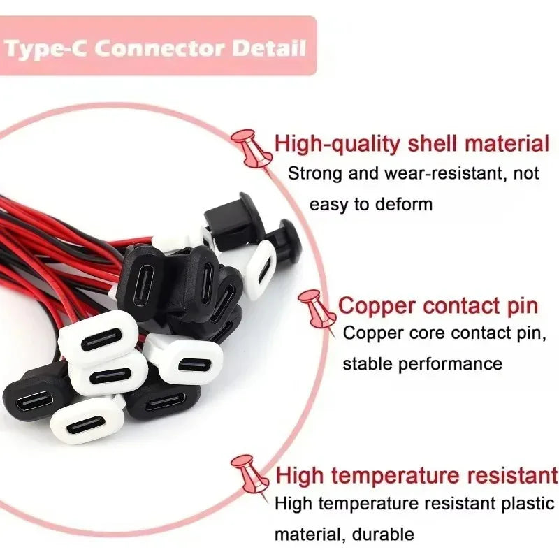 USB-C Waterproof Pigtail Cable – Female Chassis 2-Pin Solder