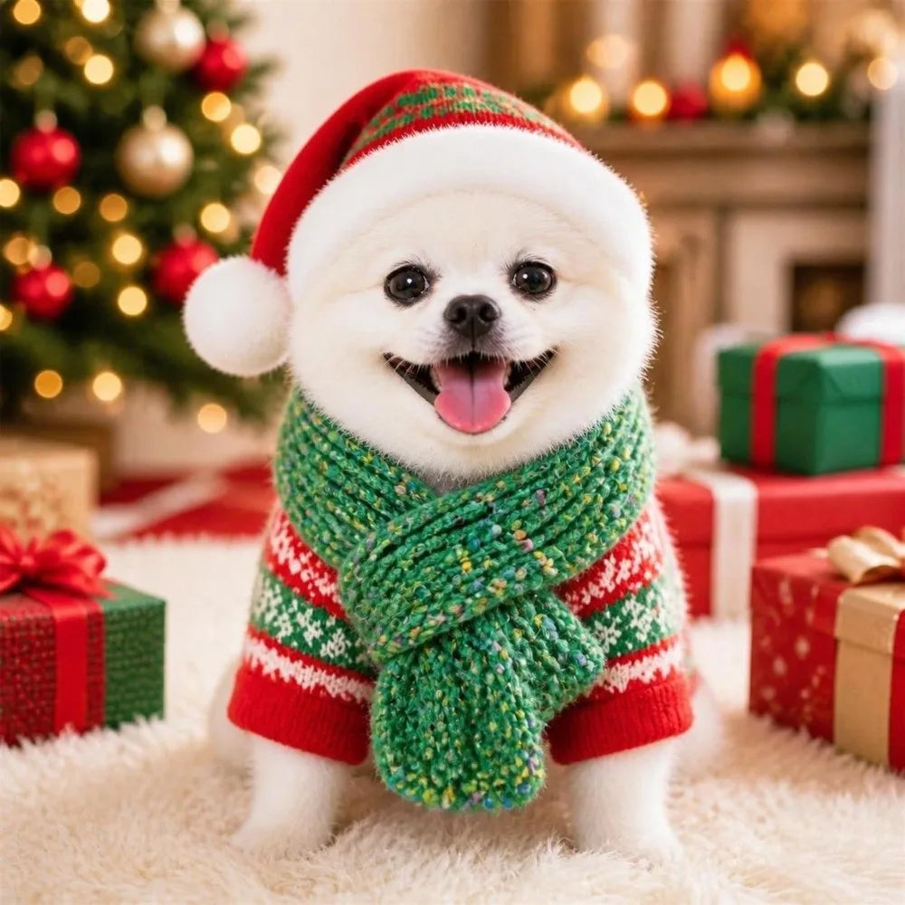 Christmas Knitted Dog Scarf – Adjustable Pet Neck Warmer