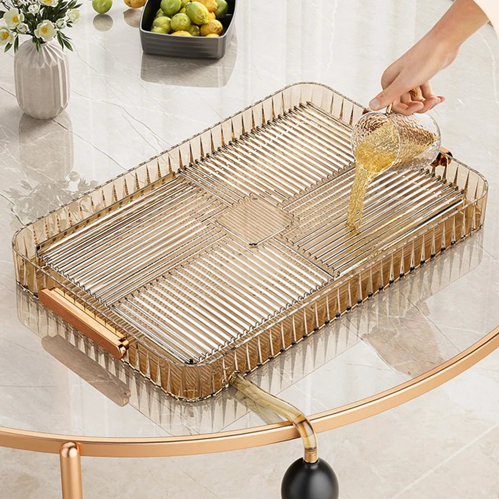 Transparent Plastic Tea Drain Tray with Handle | Large Capacity