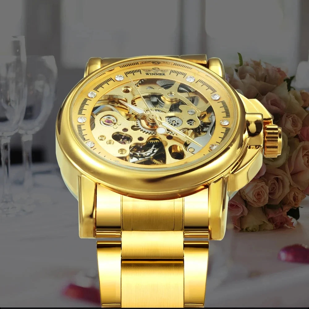 Women's Hollow Automatic Watch | Diamond Gold Mechanical Watch