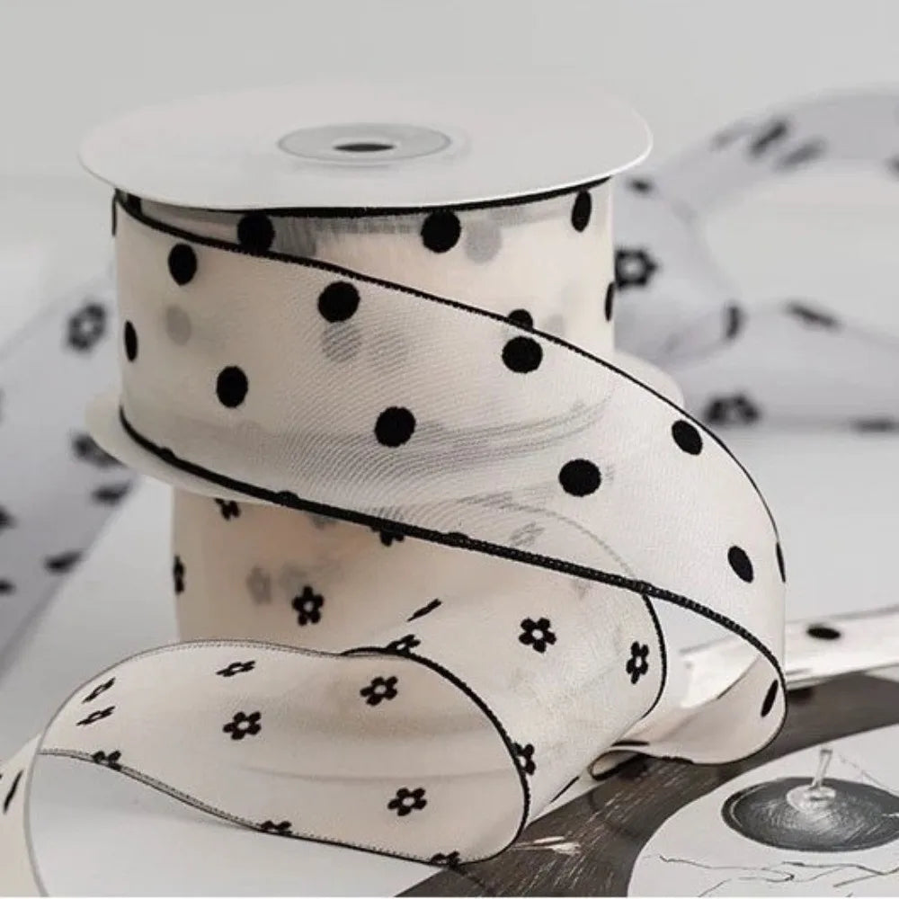 10 Yards Flocked Organza Ribbon – Sheer Polka Dot 1.5" Wide