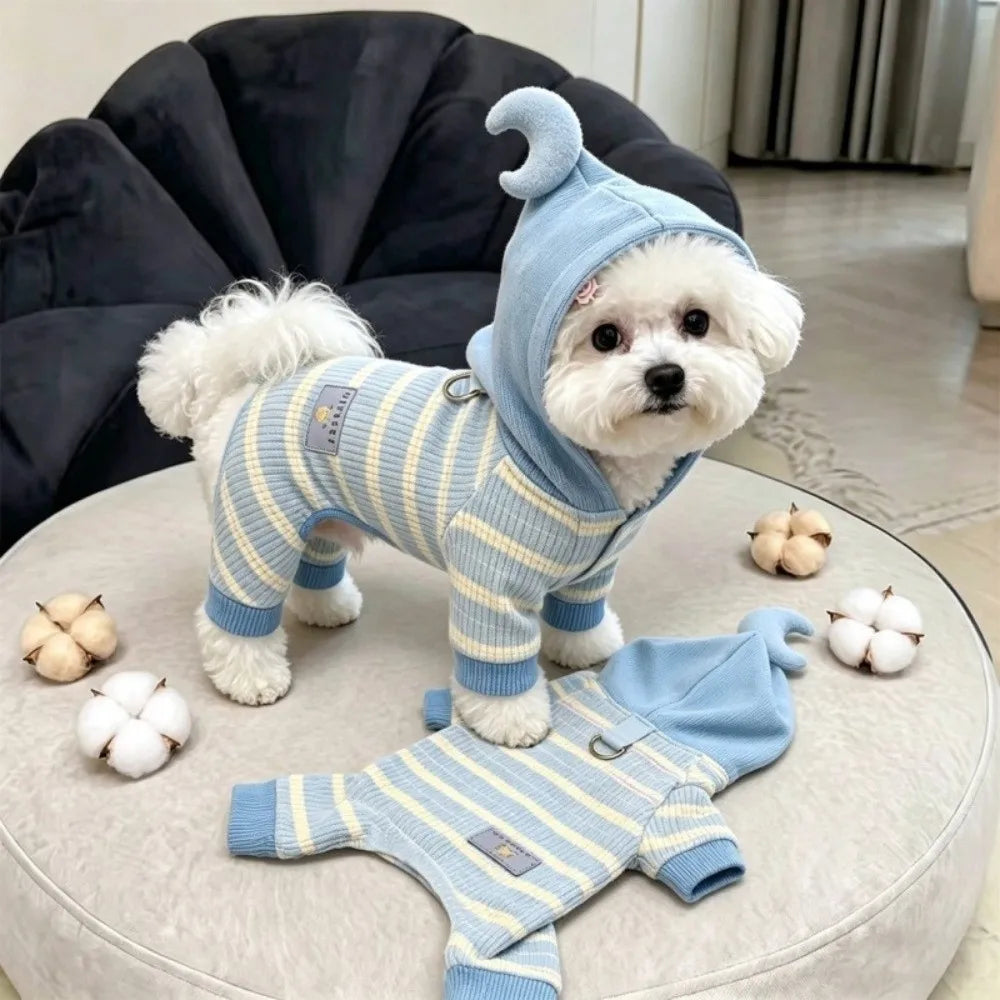 Striped Dog Winter Jumpsuit – Hooded & Built-In Harness D-Ring