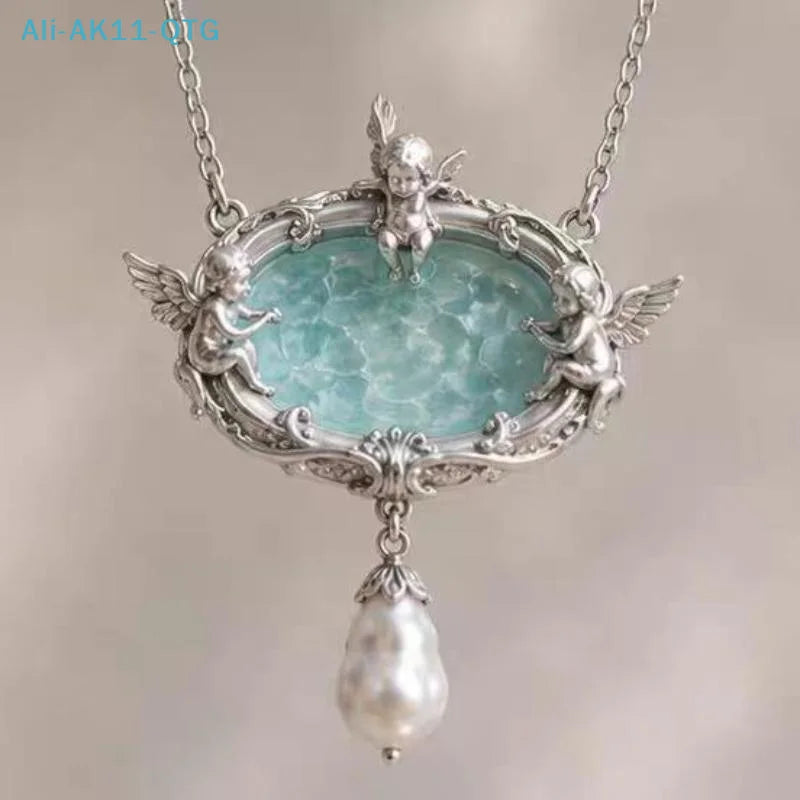 Vintage Angel Pendant Necklace – Baroque Pearl & Enamel Chain