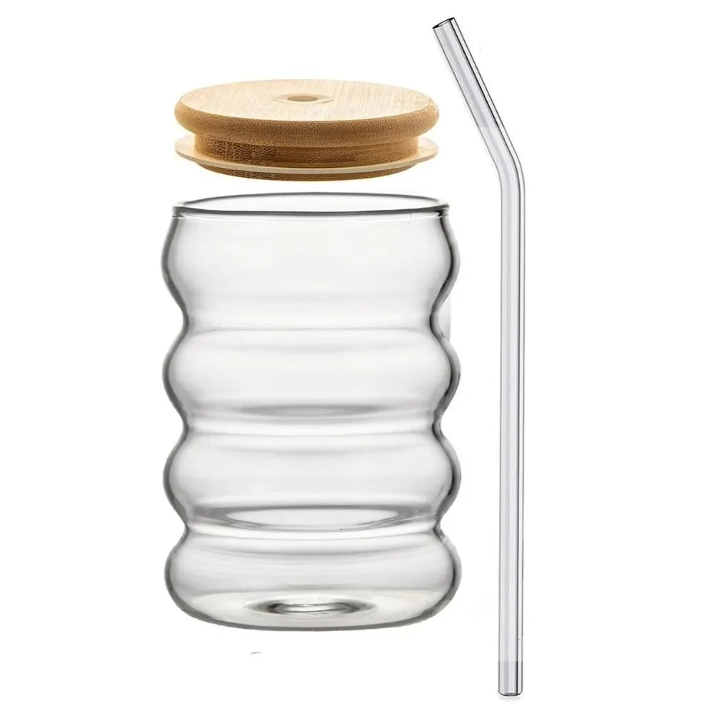 Wave Glass Cup with Wooden Lid, Bowtie Decor & Straw – 350ml