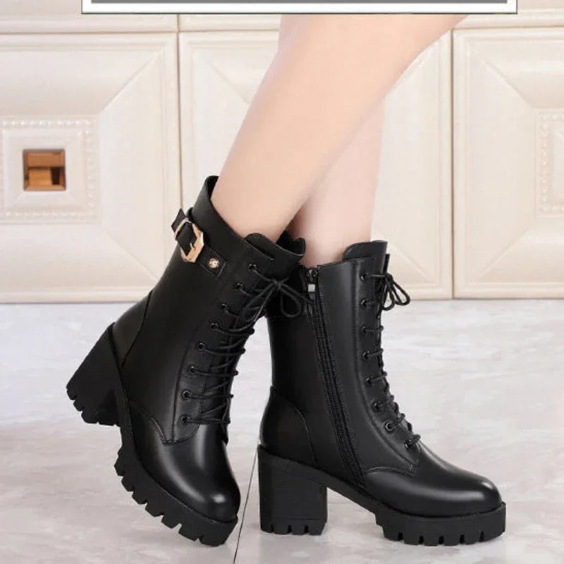 LEDP Women's Mid-Calf Platform Boots – Square Heel & Zip