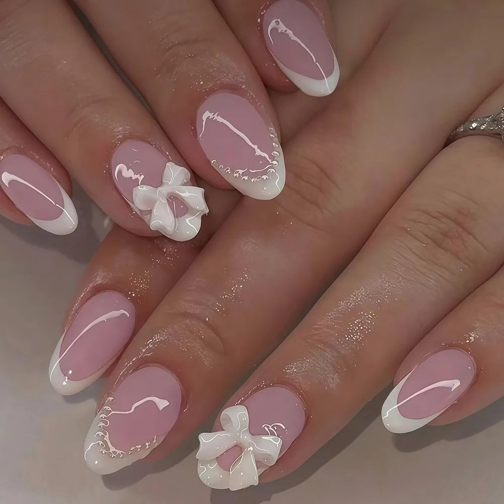 Almond Press-On Nails with Bow Charms | Glossy Full Cover Set