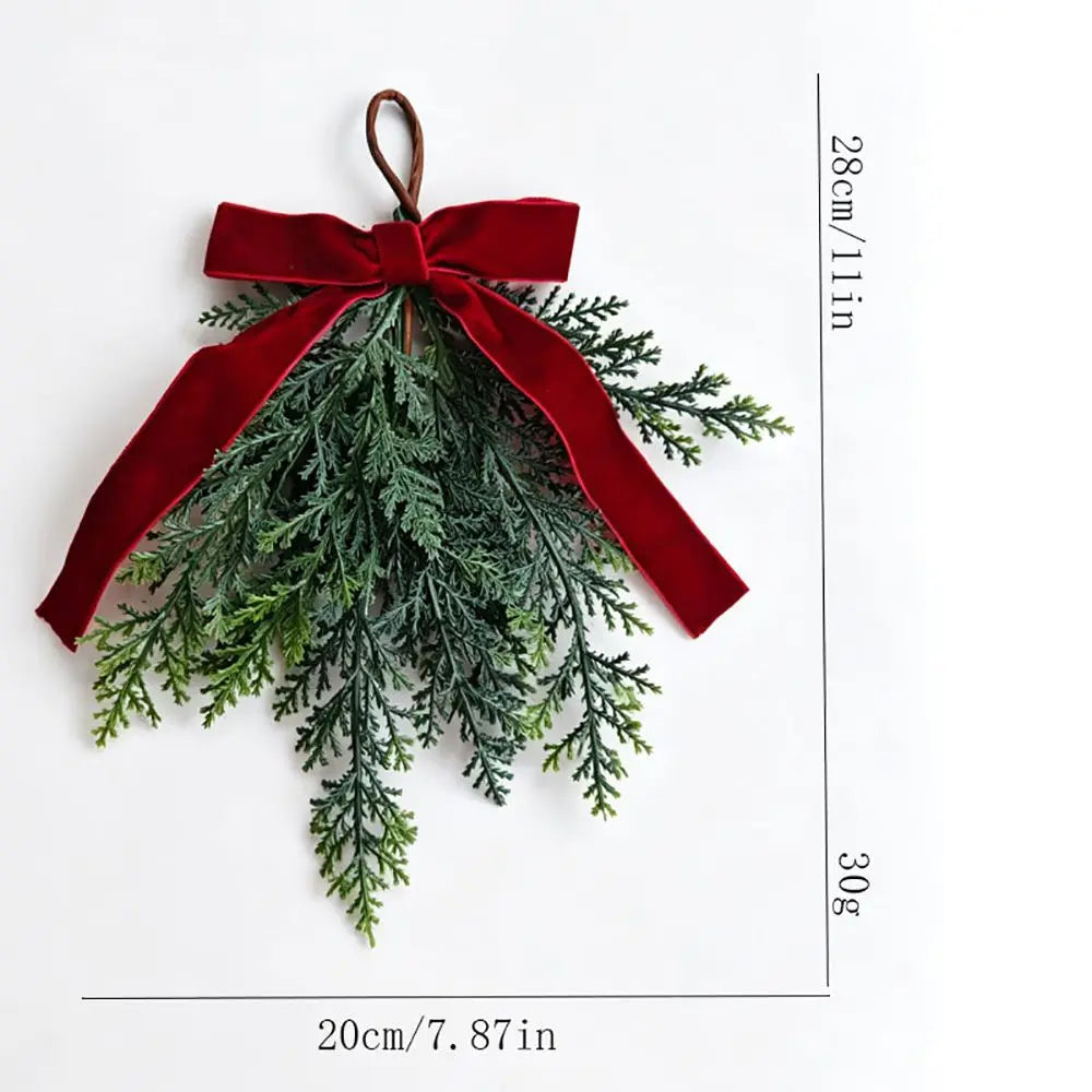 Red Velvet Bow Artificial Pine Branch Christmas Swag Ornament