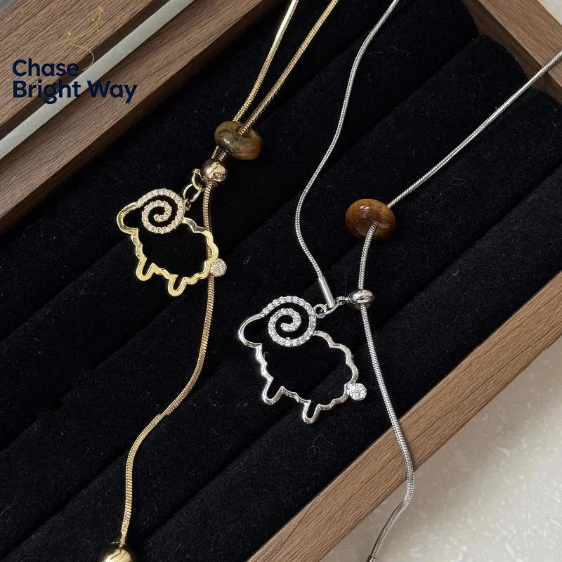 Women's Lamb Lariat Necklace – Tiger's Eye & CZ Pendant