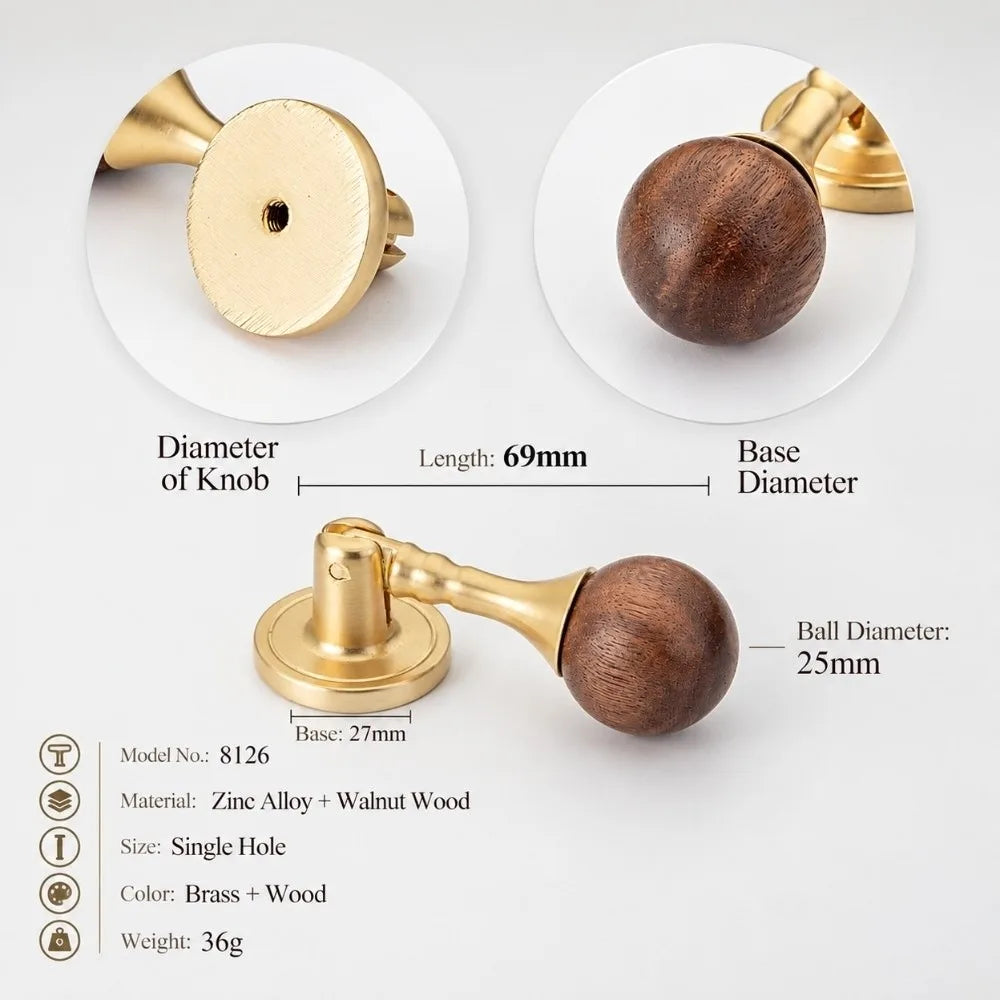 Vintage Walnut Marble Cabinet Pull Handle – Wood Drawer Knob